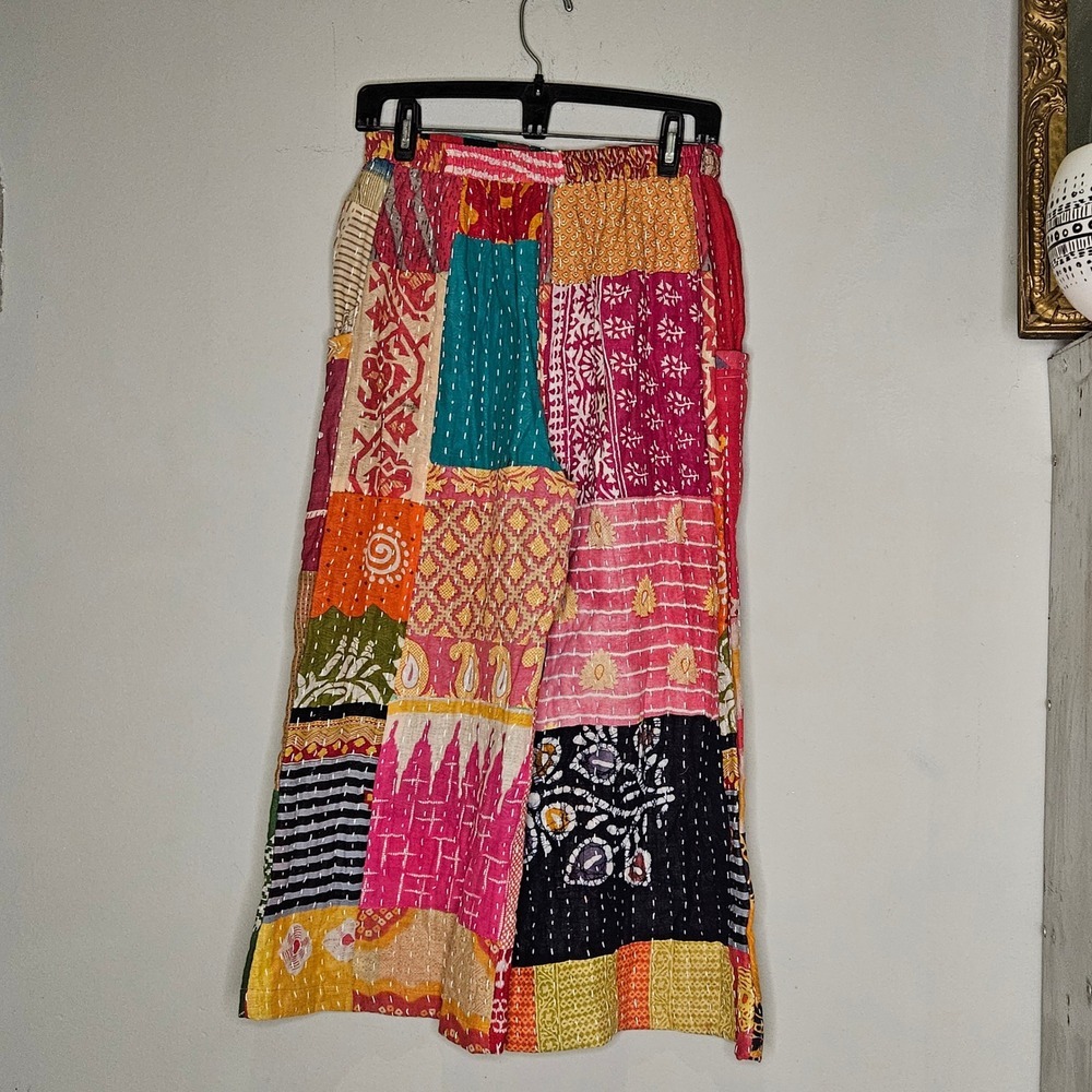 Kantha Wide Leg S/M Pants Boho Sustainable Hippie Bohemian Artsy Funky - Picture 2 of 13